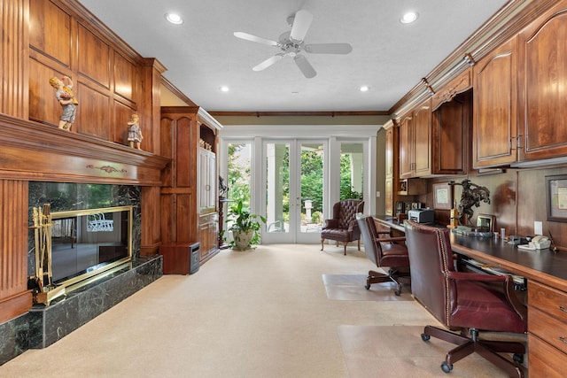 193 Honeybee Dr, Branson, MO 65615 - office area featuring a fireplace, french doors, recessed lighting, carpet, and a ceiling fan