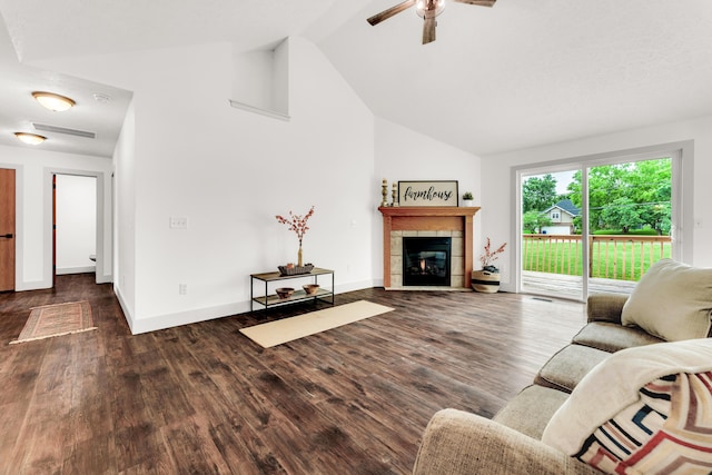 524 W Woodbine Rd, Nixa, MO 65714 - living area featuring vaulted ceiling, wood finished floors, a fireplace, a ceiling fan, and baseboards