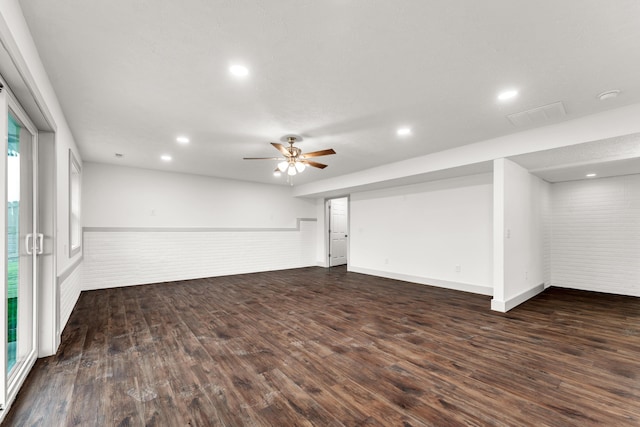 524 W Woodbine Rd, Nixa, MO 65714 - below grade area featuring wainscoting, dark wood-style floors, recessed lighting, and a ceiling fan
