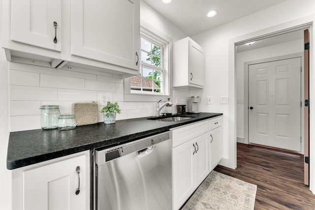 524 W Woodbine Rd, Nixa, MO 65714 - kitchen with dishwasher, a sink, white cabinets, decorative backsplash, and dark wood finished floors