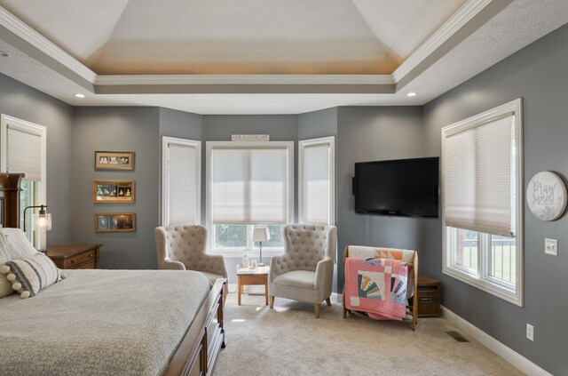 1865 N Hearthstone Ln, Strafford, MO 65757 - bedroom with a raised ceiling, light colored carpet, crown molding, baseboards, and recessed lighting