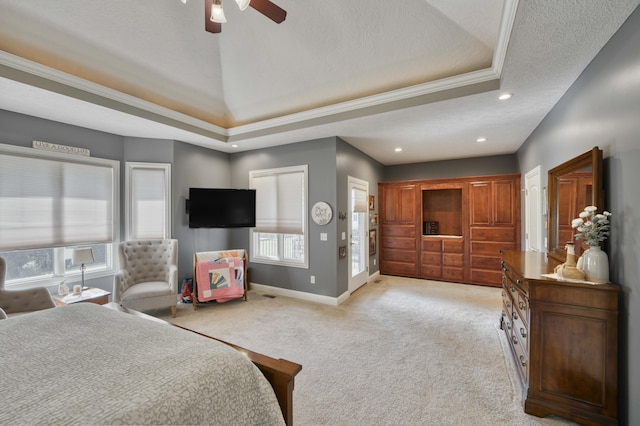 1865 N Hearthstone Ln, Strafford, MO 65757 - bedroom with light colored carpet, baseboards, a tray ceiling, recessed lighting, and a ceiling fan