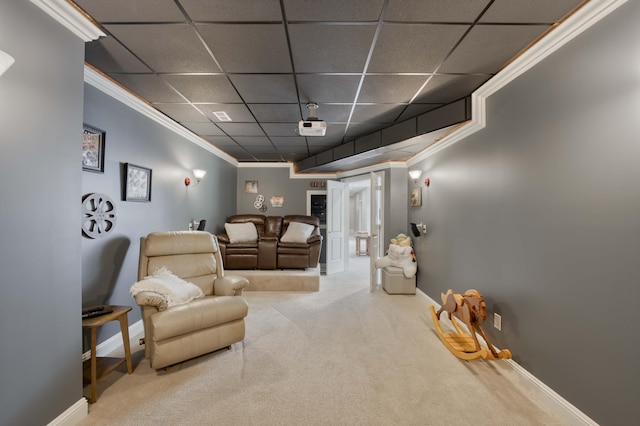 1865 N Hearthstone Ln, Strafford, MO 65757 - carpeted living room featuring a paneled ceiling, crown molding, and baseboards