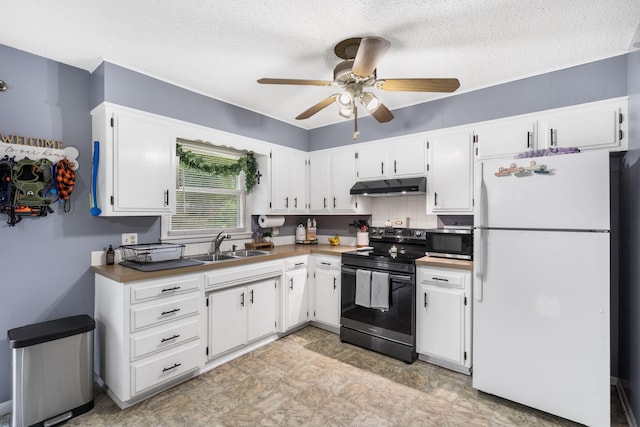 668 W Springfield St, Aurora, MO 65605 - kitchen with freestanding refrigerator, black electric range oven, stainless steel microwave, under cabinet range hood, and a sink