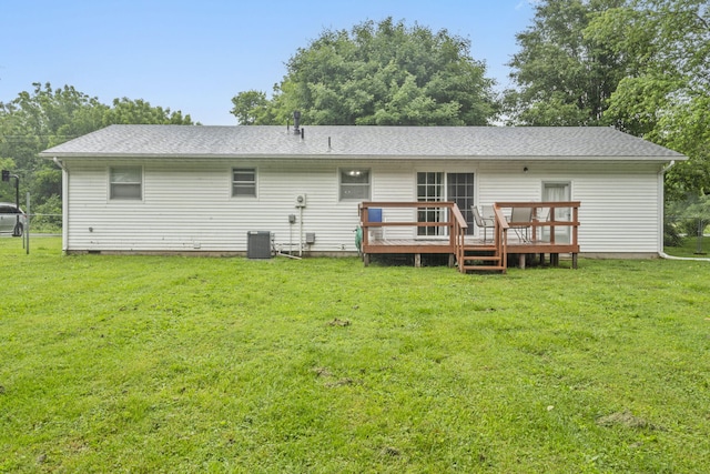 668 W Springfield St, Aurora, MO 65605 - back of house with a wooden deck, central air condition unit, and a shingled roof