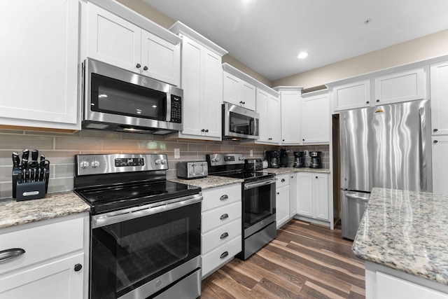 440 Lake Front Dr, Branson, MO 65616 - kitchen with stainless steel appliances, white cabinets, dark wood-style floors, tasteful backsplash, and light stone counters