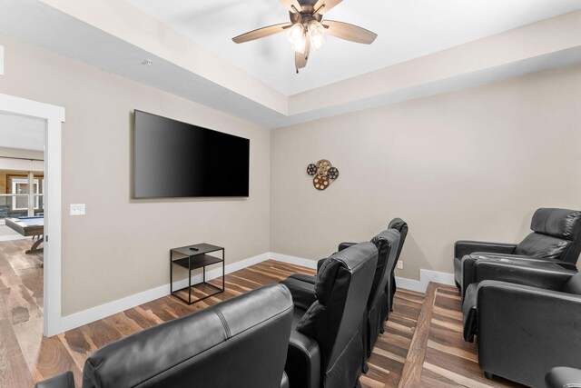 440 Lake Front Dr, Branson, MO 65616 - home theater with a ceiling fan, baseboards, and wood finished floors