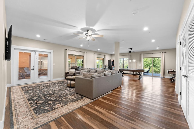 440 Lake Front Dr, Branson, MO 65616 - living area featuring french doors, wood finished floors, recessed lighting, billiards, and ceiling fan