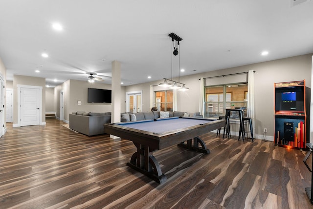440 Lake Front Dr, Branson, MO 65616 - recreation room featuring billiards, a ceiling fan, dark wood-type flooring, and recessed lighting