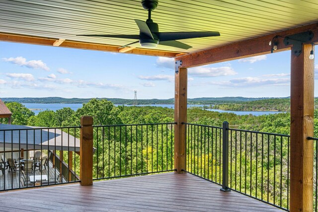 440 Lake Front Dr, Branson, MO 65616 - wooden deck featuring a ceiling fan and a water view