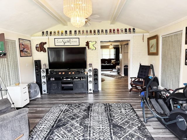 27641 County Road 356, Pittsburg, MO 65724 - living room featuring dark wood-type flooring, a ceiling fan, and a chandelier