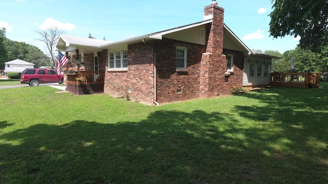 27641 County Road 356, Pittsburg, MO 65724 - view of property exterior featuring a chimney, a yard, brick siding, and crawl space