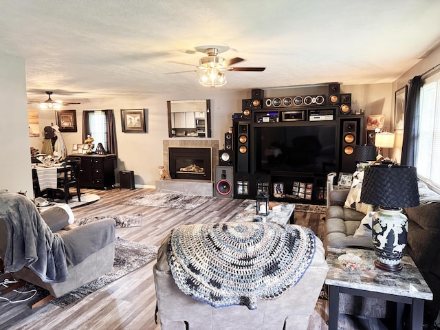 27641 County Road 356, Pittsburg, MO 65724 - living area with ceiling fan, wood finished floors, and a fireplace