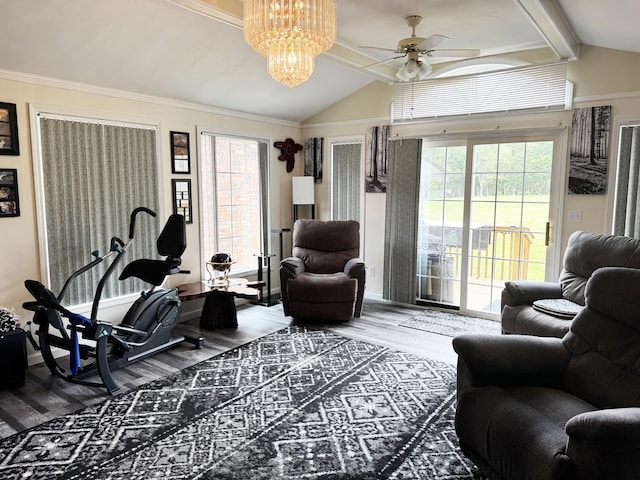 27641 County Road 356, Pittsburg, MO 65724 - living area with wood finished floors, a ceiling fan, a chandelier, and crown molding