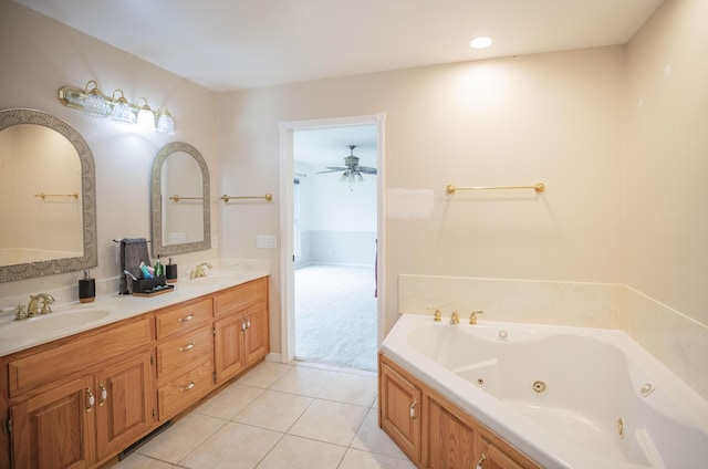 1603 W Northwood St, Bolivar, MO 65613 - full bath featuring double vanity, tile patterned floors, a jetted tub, and ceiling fan