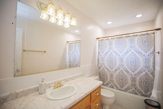 1603 W Northwood St, Bolivar, MO 65613 - bathroom featuring vanity, toilet, shower / bath combination with curtain, tasteful backsplash, and recessed lighting