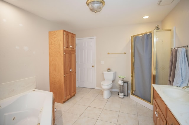 1603 W Northwood St, Bolivar, MO 65613 - bathroom with a shower stall, a whirlpool tub, vanity, tile patterned floors, and toilet