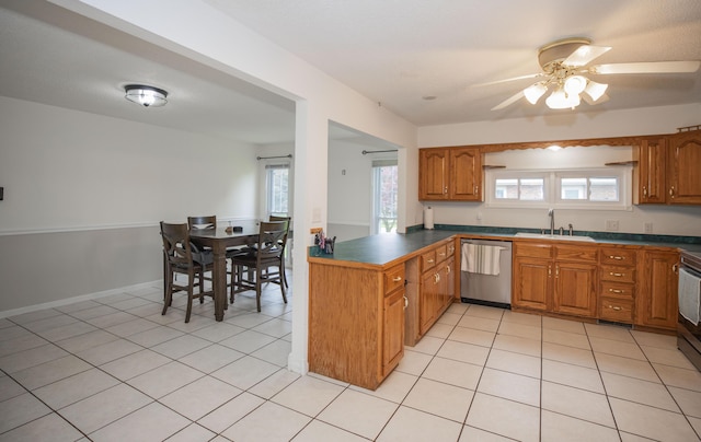 1603 W Northwood St, Bolivar, MO 65613 - kitchen with stainless steel dishwasher, brown cabinets, a sink, a ceiling fan, and dark countertops