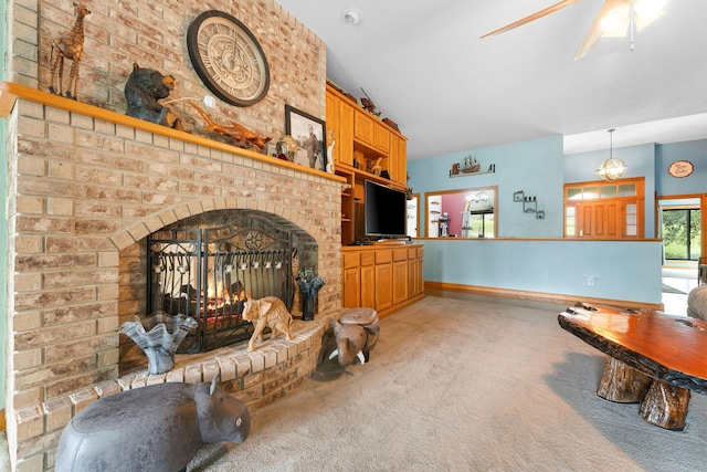 25158 Autumn View Dr, Shell Knob, MO 65747 - living room with light carpet, a brick fireplace, a ceiling fan, and baseboards
