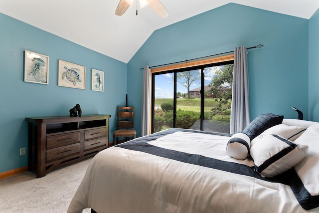 25158 Autumn View Dr, Shell Knob, MO 65747 - bedroom with vaulted ceiling, light carpet, baseboards, and ceiling fan