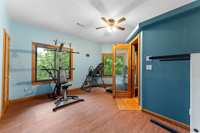 25158 Autumn View Dr, Shell Knob, MO 65747 - exercise area featuring wood finished floors, ceiling fan, baseboards, and a textured ceiling