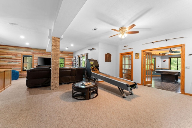 25158 Autumn View Dr, Shell Knob, MO 65747 - exercise area with billiards, a ceiling fan, carpet floors, baseboards, and french doors