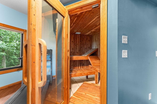 25158 Autumn View Dr, Shell Knob, MO 65747 - relaxing sauna featuring wood ceiling, tile patterned floors, and wood walls