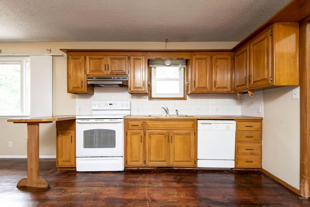 801 N 11th Ave, Ozark, MO 65721 - kitchen featuring white appliances, under cabinet range hood, a sink, dark wood-type flooring, and decorative backsplash