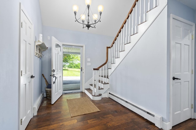 4159 N Farm Rd Unit 173, Springfield, MO 65803 - foyer with a baseboard heating unit, a baseboard radiator, a chandelier, wood finished floors, and stairway