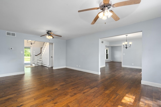 4159 N Farm Rd Unit 173, Springfield, MO 65803 - unfurnished living room featuring a chandelier, ceiling fan, stairs, and dark wood-type flooring