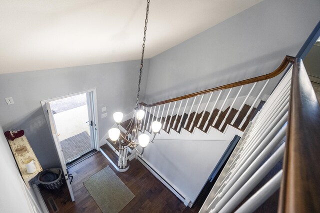 4159 N Farm Rd Unit 173, Springfield, MO 65803 - staircase with baseboard heating, a chandelier, and wood finished floors