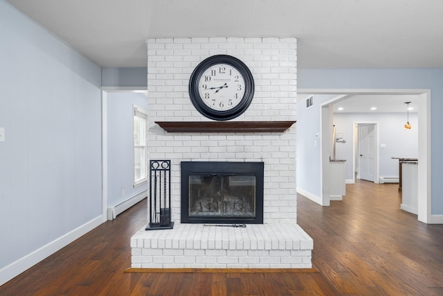 4159 N Farm Rd Unit 173, Springfield, MO 65803 - detailed view of a baseboard radiator, wood finished floors, a fireplace, and baseboards
