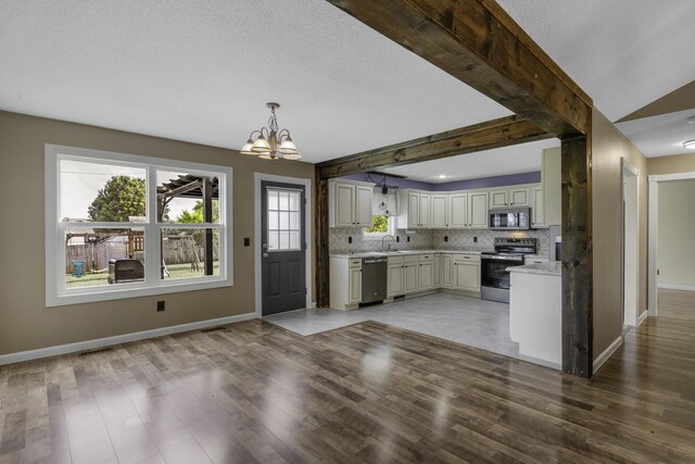 2236 E Logan St, Republic, MO 65738 - kitchen featuring appliances with stainless steel finishes, a chandelier, tasteful backsplash, and light wood-style floors