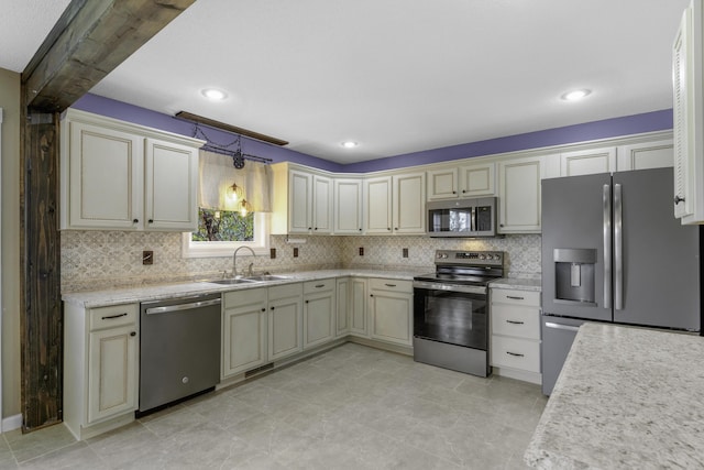 2236 E Logan St, Republic, MO 65738 - kitchen featuring stainless steel appliances, a sink, cream cabinets, backsplash, and recessed lighting