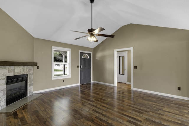 2236 E Logan St, Republic, MO 65738 - unfurnished living room with ceiling fan, wood finished floors, baseboards, a fireplace with flush hearth, and high vaulted ceiling
