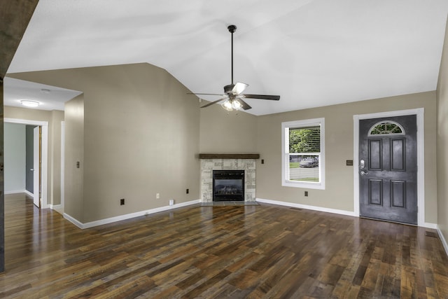 2236 E Logan St, Republic, MO 65738 - unfurnished living room featuring ceiling fan, wood finished floors, lofted ceiling, a fireplace, and baseboards