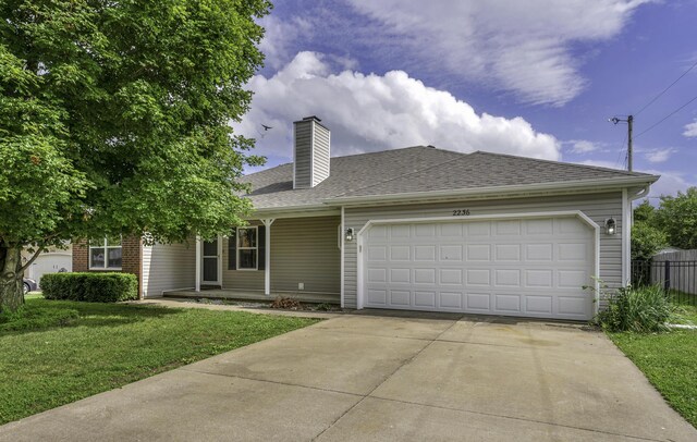 2236 E Logan St, Republic, MO 65738 - view of front of property with concrete driveway, an attached garage, a chimney, a porch, and a shingled roof