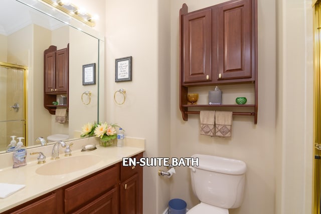 117 Hidden Shores Dr, Branson West, MO 65737 - full bath with vanity, toilet, a shower with shower door, and ornamental molding