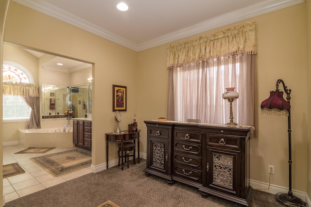 117 Hidden Shores Dr, Branson West, MO 65737 - bedroom featuring crown molding, baseboards, ensuite bath, recessed lighting, and tile patterned floors
