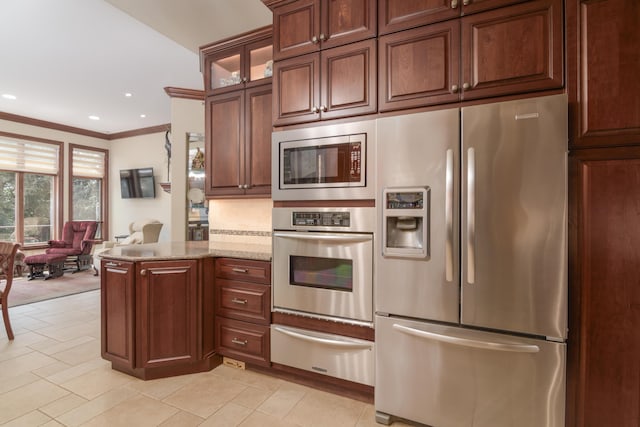 117 Hidden Shores Dr, Branson West, MO 65737 - kitchen with appliances with stainless steel finishes, a warming drawer, glass insert cabinets, ornamental molding, and light stone countertops