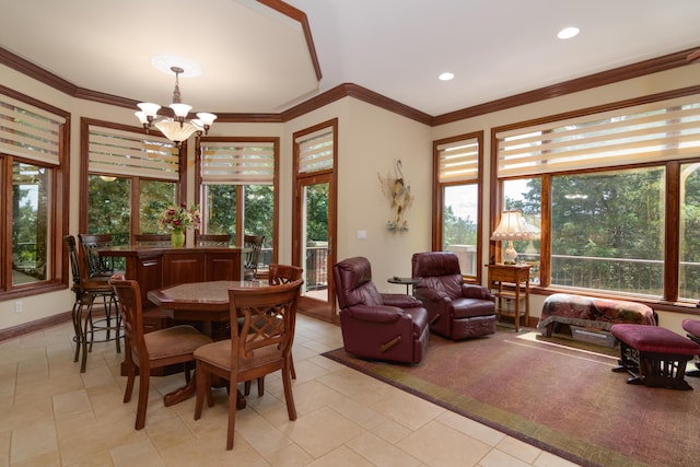 117 Hidden Shores Dr, Branson West, MO 65737 - dining space with healthy amount of natural light, a chandelier, ornamental molding, light tile patterned flooring, and recessed lighting