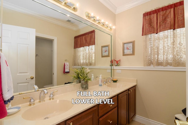 117 Hidden Shores Dr, Branson West, MO 65737 - full bathroom with double vanity, crown molding, toilet, baseboards, and tile patterned flooring