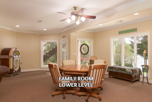 117 Hidden Shores Dr, Branson West, MO 65737 - dining area with carpet flooring, healthy amount of natural light, ceiling fan, recessed lighting, and crown molding