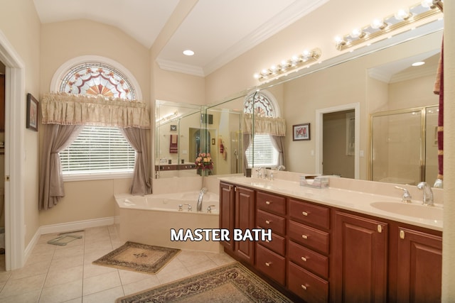 117 Hidden Shores Dr, Branson West, MO 65737 - bathroom featuring tile patterned flooring, a stall shower, double vanity, a garden tub, and crown molding