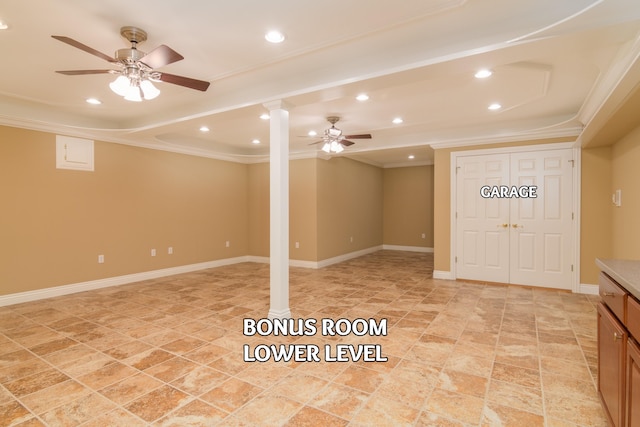 117 Hidden Shores Dr, Branson West, MO 65737 - below grade area featuring crown molding, a ceiling fan, recessed lighting, and light tile patterned floors