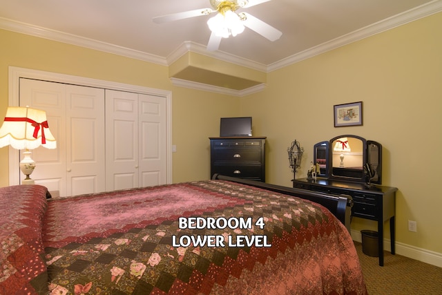 117 Hidden Shores Dr, Branson West, MO 65737 - bedroom featuring carpet flooring, ornamental molding, a closet, a ceiling fan, and baseboards