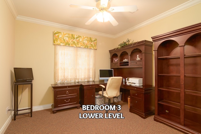 117 Hidden Shores Dr, Branson West, MO 65737 - office space featuring light carpet, a ceiling fan, ornamental molding, baseboards, and built in study area