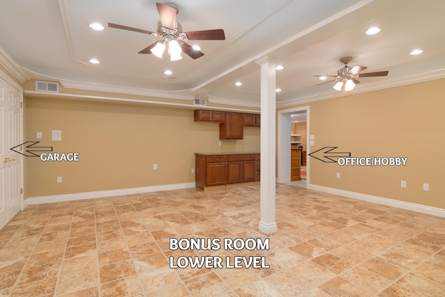 117 Hidden Shores Dr, Branson West, MO 65737 - below grade area featuring a ceiling fan, crown molding, recessed lighting, baseboards, and light stone finish flooring