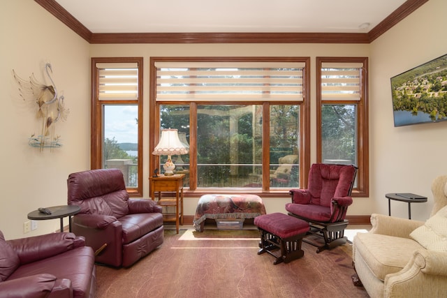 117 Hidden Shores Dr, Branson West, MO 65737 - carpeted living area with healthy amount of natural light and crown molding