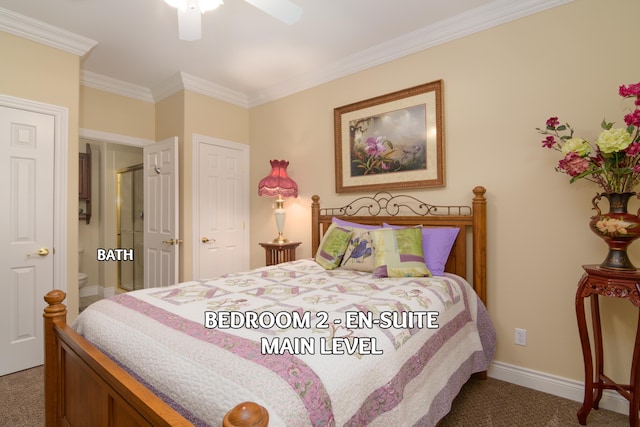 117 Hidden Shores Dr, Branson West, MO 65737 - bedroom featuring carpet floors, crown molding, a ceiling fan, and baseboards